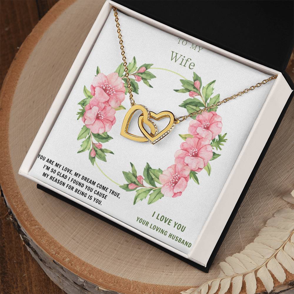 To My Wife Interlocking Heart Necklace in your Choice of Polished Stainless Steel and Rose Gold or 18K Yellow Gold Finish