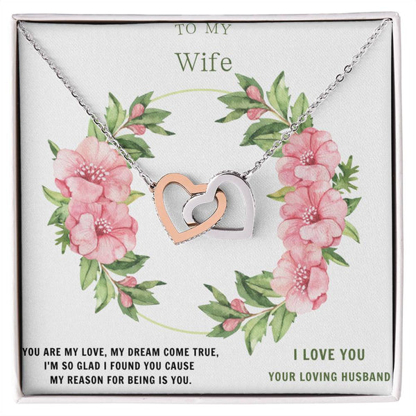 To My Wife Interlocking Heart Necklace in your Choice of Polished Stainless Steel and Rose Gold or 18K Yellow Gold Finish